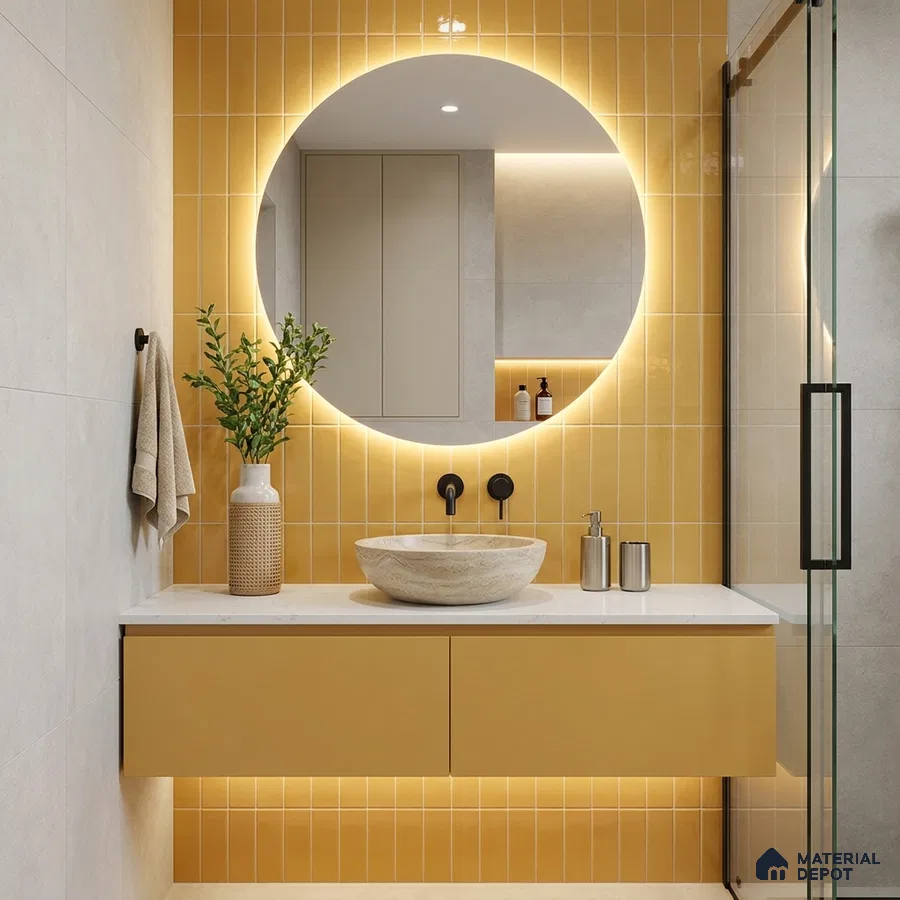 Modern Bathroom with Glossy Mustard Yellow Subway Tile and Round Backlit Mirror