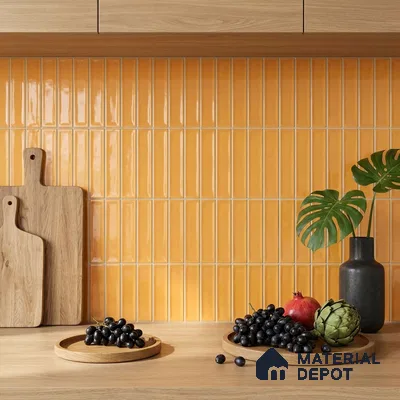 Modern Kitchen with Glossy Mustard Yellow Subway Backsplash Tile and Oak Cabinets