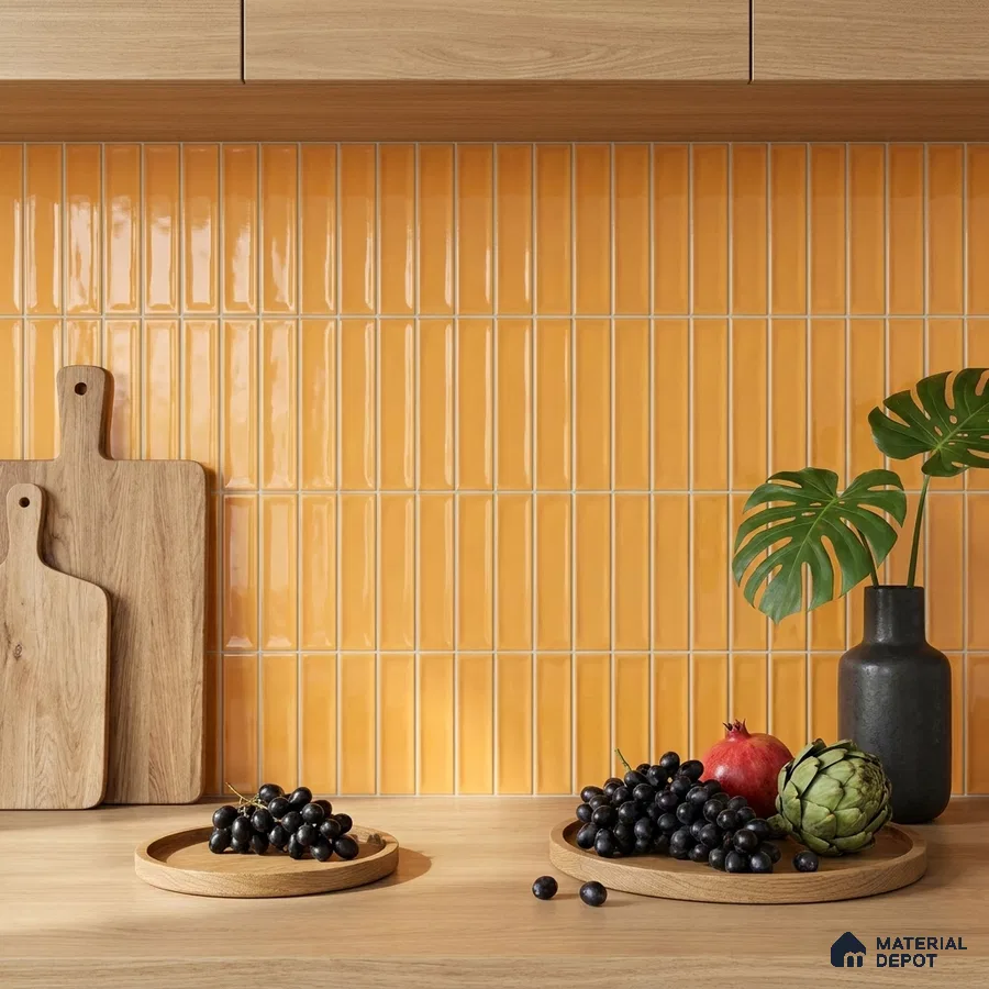 Modern Kitchen with Glossy Mustard Yellow Subway Backsplash Tile and Oak Cabinets