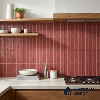 Modern Kitchen with Glossy Burgundy Red Subway Backsplash Tile and Walnut Cabinets