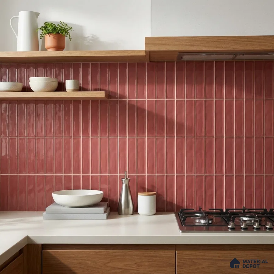Modern Kitchen with Glossy Burgundy Red Subway Backsplash Tile and Walnut Cabinets