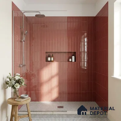 Modern Bathroom with Glossy Burgundy Red Subway Shower Tile