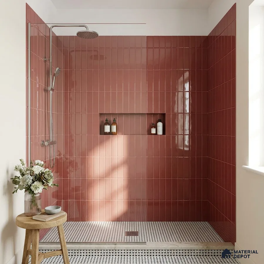 Modern Bathroom with Glossy Burgundy Red Subway Shower Tile