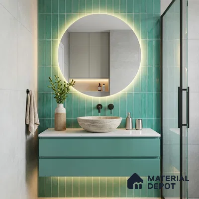 Modern Bathroom with Glossy Turquoise Green Subway Tile and Round Backlit Mirror