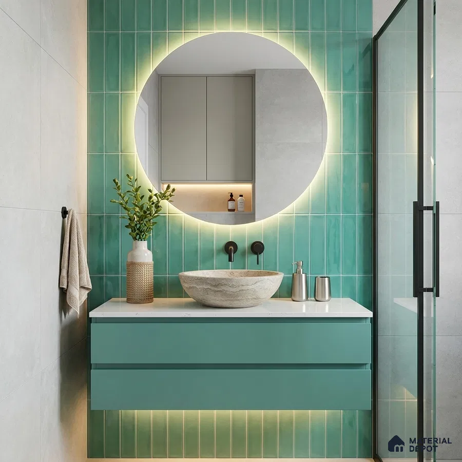 Modern Bathroom with Glossy Turquoise Green Subway Tile and Round Backlit Mirror