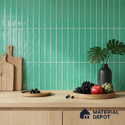 Modern Kitchen with Glossy Turquoise Green Subway Backsplash Tile and Oak Cabinets