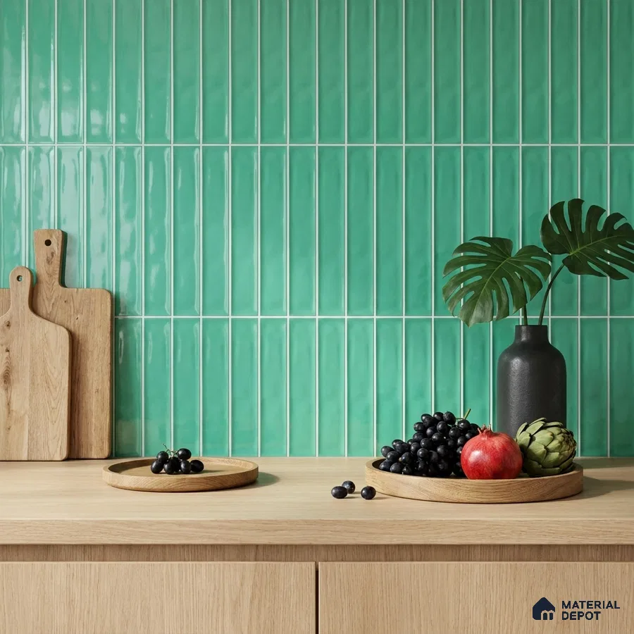 Modern Kitchen with Glossy Turquoise Green Subway Backsplash Tile and Oak Cabinets