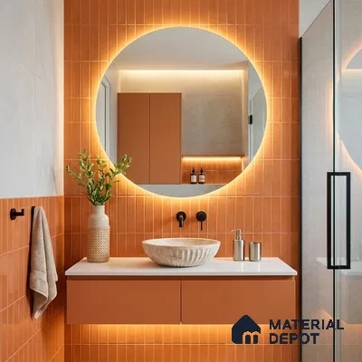 Modern Bathroom with Glossy Terracotta Orange Subway Tile and Round Backlit Mirror