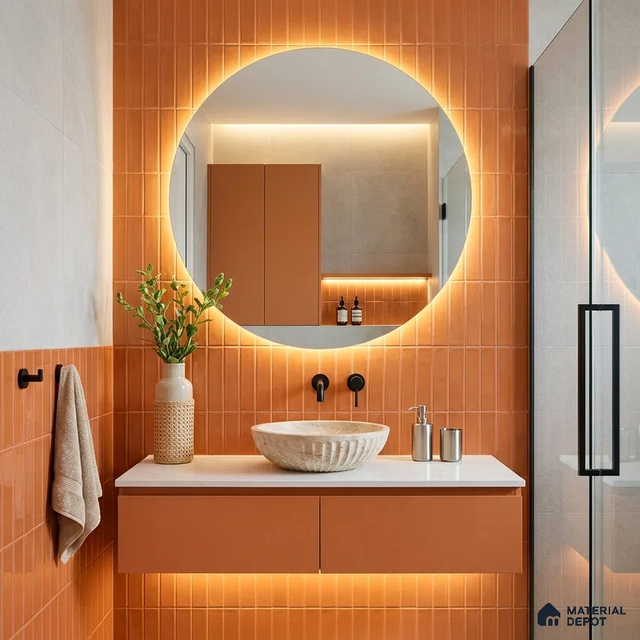 Modern Bathroom with Glossy Terracotta Orange Subway Tile and Round Backlit Mirror