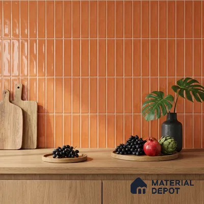 Modern Kitchen with Glossy Terracotta Orange Subway Backsplash Tile and Oak Cabinets
