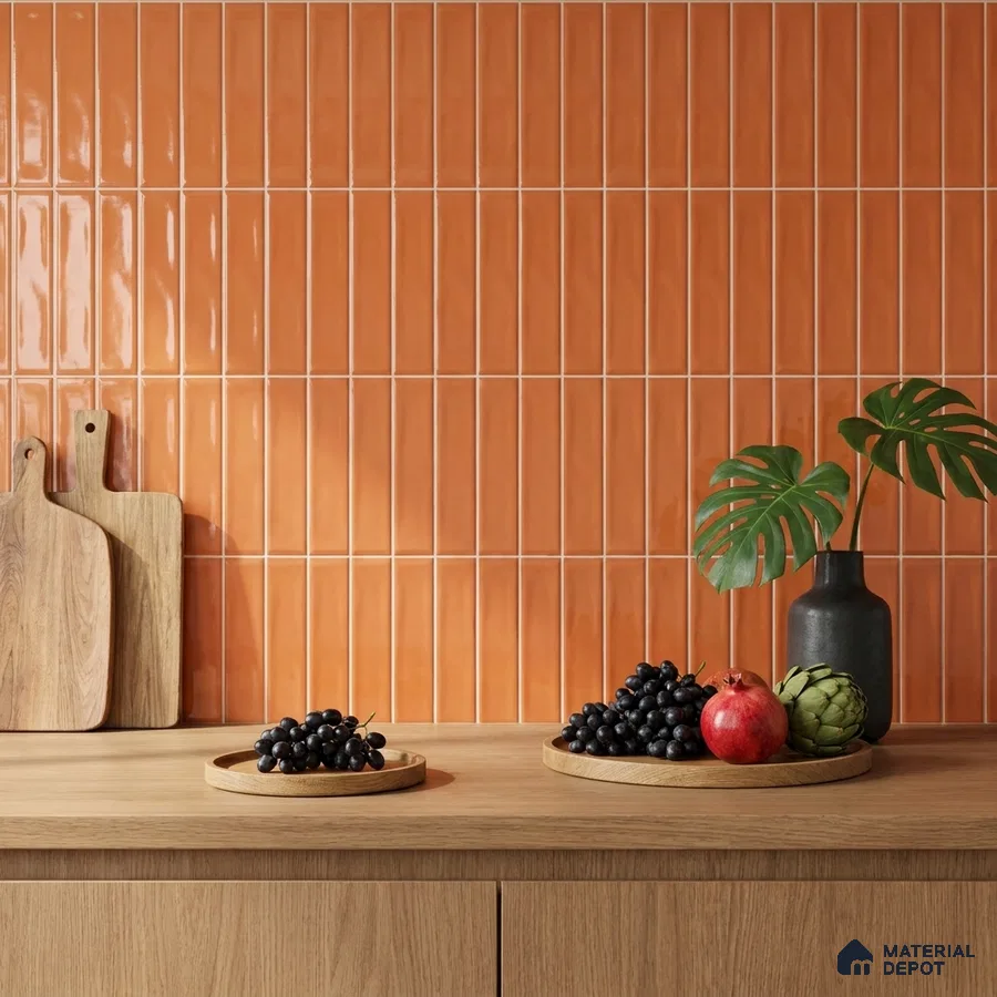 Modern Kitchen with Glossy Terracotta Orange Subway Backsplash Tile and Oak Cabinets