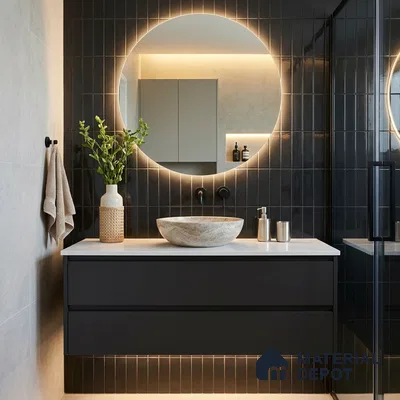 Modern Bathroom with Glossy Black Subway Tile and Round Backlit Mirror