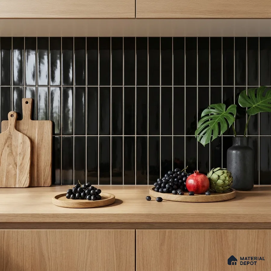 Modern Kitchen with Glossy Black Subway Backsplash Tile and Oak Cabinets