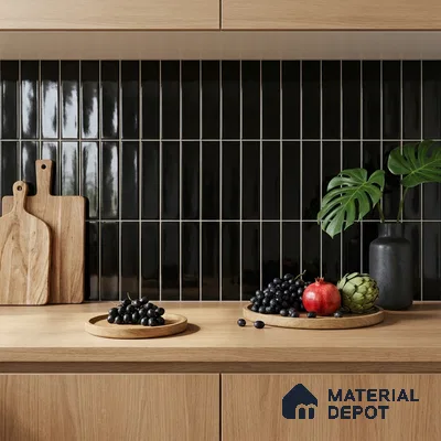 Modern Kitchen with Glossy Black Subway Backsplash Tile and Oak Cabinets