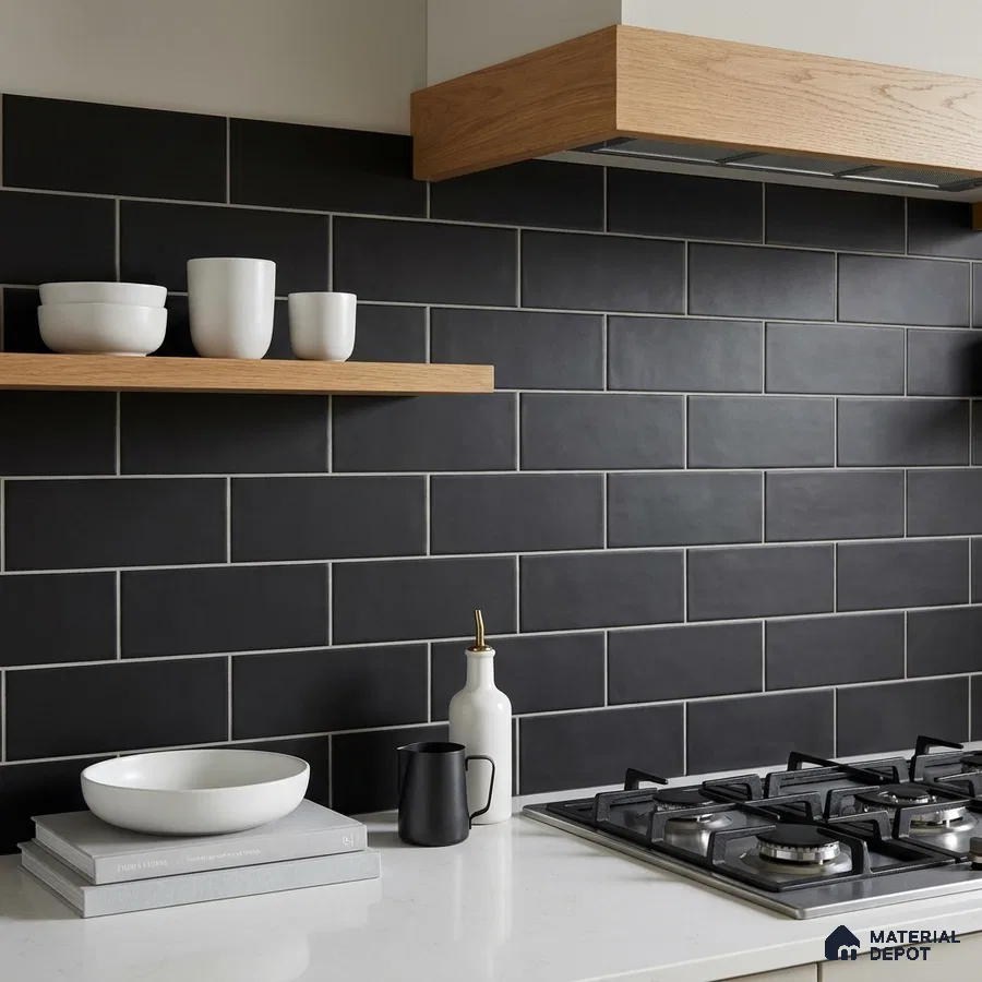 Modern Kitchen with Matte Black Subway Backsplash Tile and Walnut Cabinets