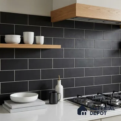 Modern Kitchen with Matte Black Subway Backsplash Tile and Walnut Cabinets