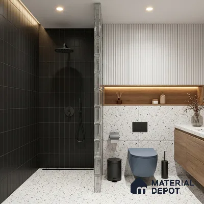 Modern Bathroom with Matte Black Subway Shower Tile and Terrazzo Floor