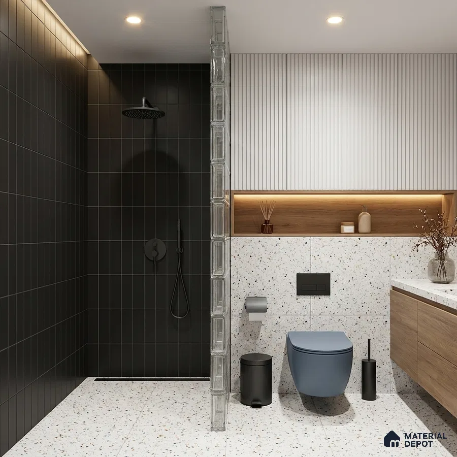 Modern Bathroom with Matte Black Subway Shower Tile and Terrazzo Floor