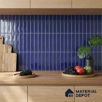 Modern Kitchen with Glossy Cobalt Blue Subway Backsplash Tile and Oak Cabinets