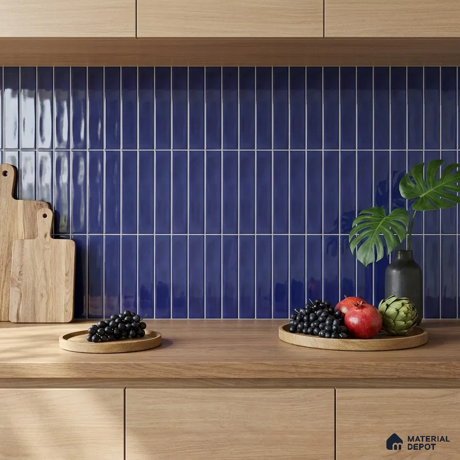 Modern Kitchen with Glossy Cobalt Blue Subway Backsplash Tile and Oak Cabinets