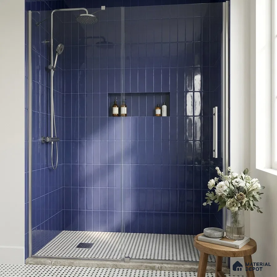 Modern Bathroom with Glossy Cobalt Blue Subway Shower Tile