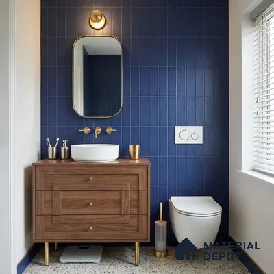Mid-Century Modern Bathroom with Matte Navy Blue Subway Tile and Walnut Vanity