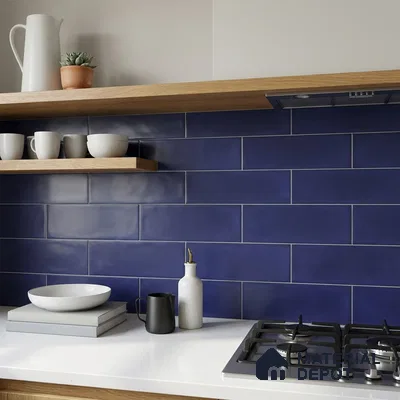 Modern Kitchen with Matte Navy Blue Subway Backsplash Tile and Oak Shelf