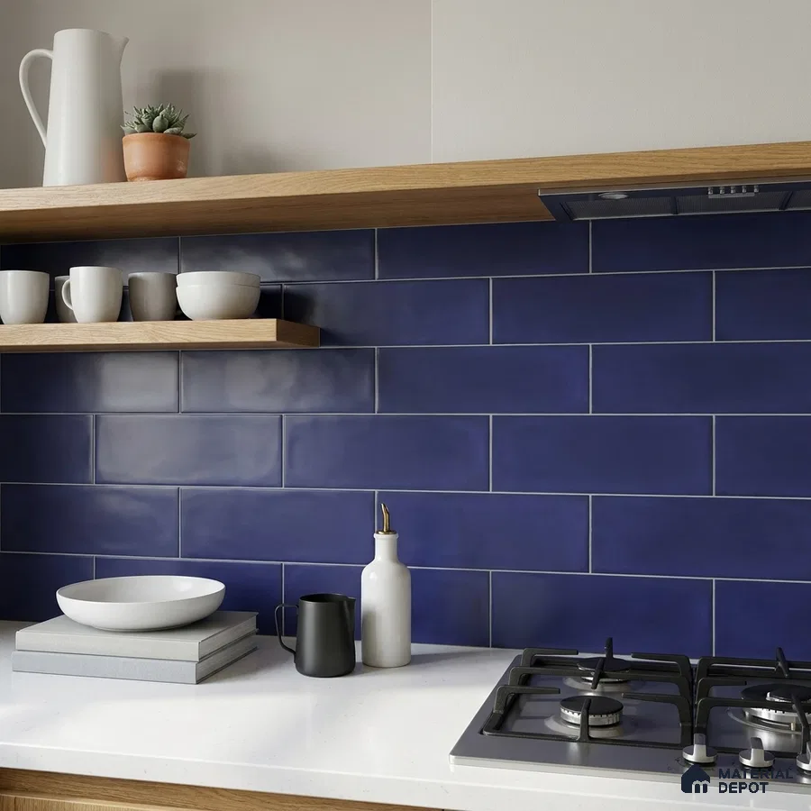 Modern Kitchen with Matte Navy Blue Subway Backsplash Tile and Oak Shelf