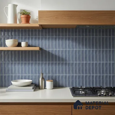 Modern Kitchen with Glossy Slate Blue Grey Subway Backsplash Tile and Walnut Cabinets