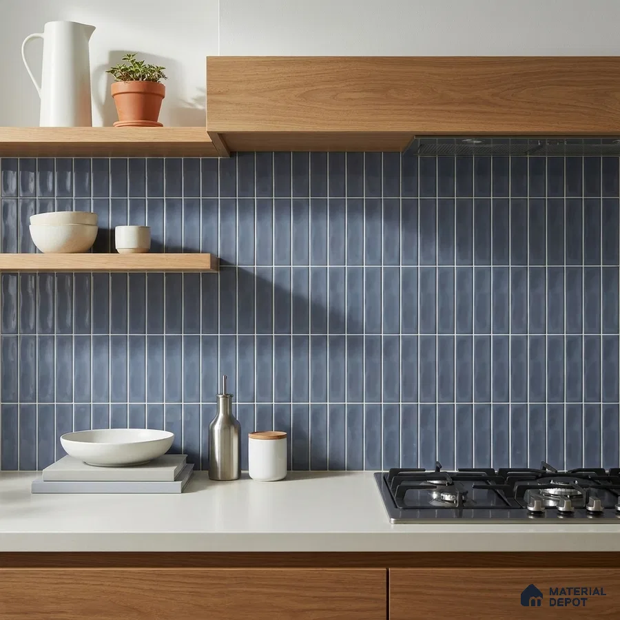 Modern Kitchen with Glossy Slate Blue Grey Subway Backsplash Tile and Walnut Cabinets