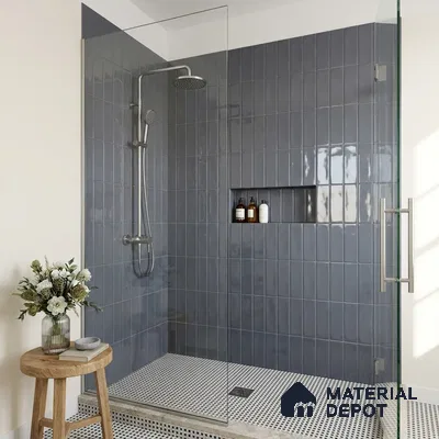 Modern Bathroom with Glossy Slate Grey Subway Shower Tile