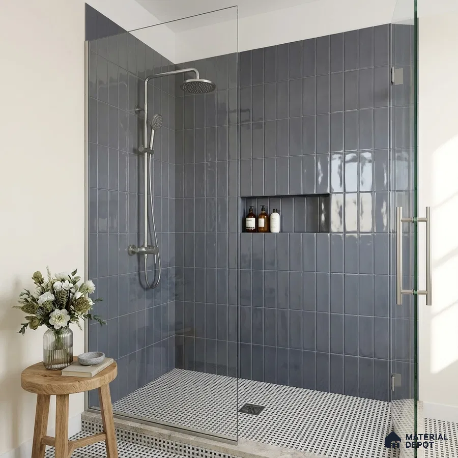 Modern Bathroom with Glossy Slate Grey Subway Shower Tile