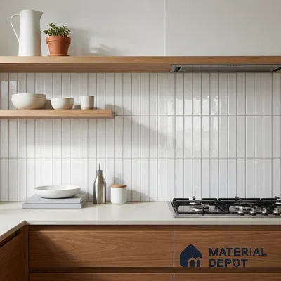 Scandinavian Kitchen with Glossy White Subway Backsplash Tile and Walnut Cabinets