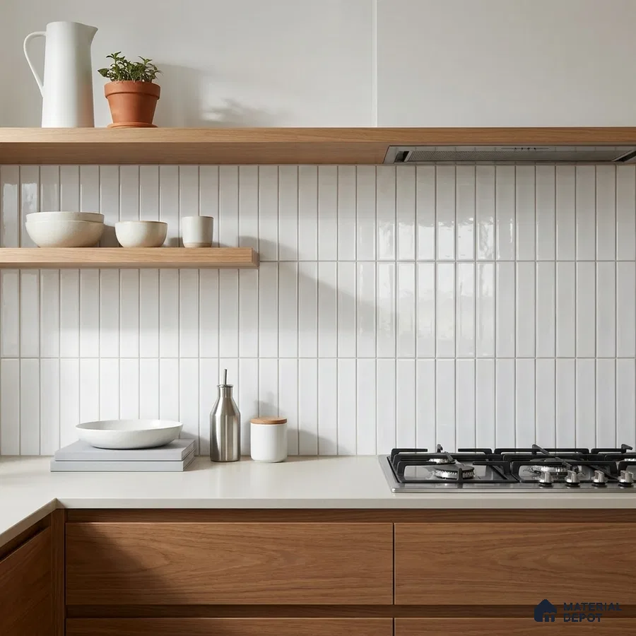 Scandinavian Kitchen with Glossy White Subway Backsplash Tile and Walnut Cabinets
