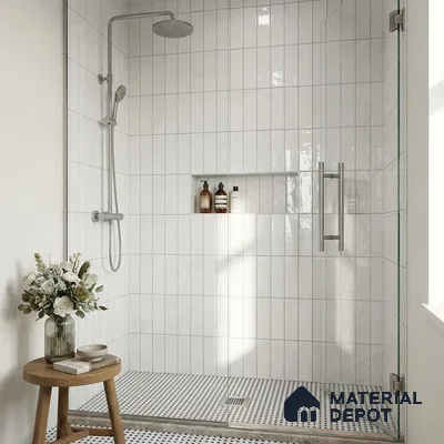 Scandinavian Bathroom with Glossy White Subway Shower Tile