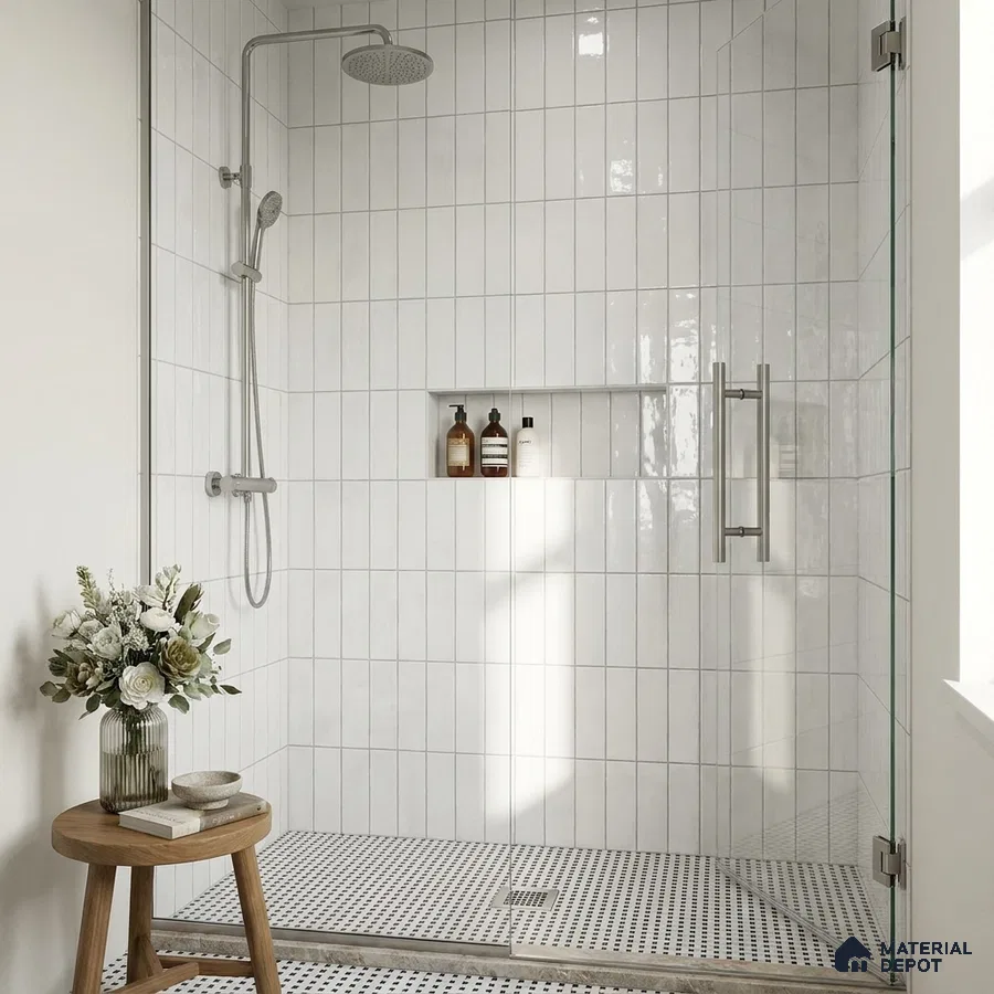 Scandinavian Bathroom with Glossy White Subway Shower Tile