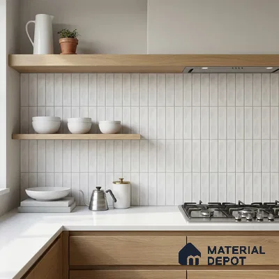 Modern Kitchen with White Matte Vertical Subway Backsplash Tile and Oak Cabinets
