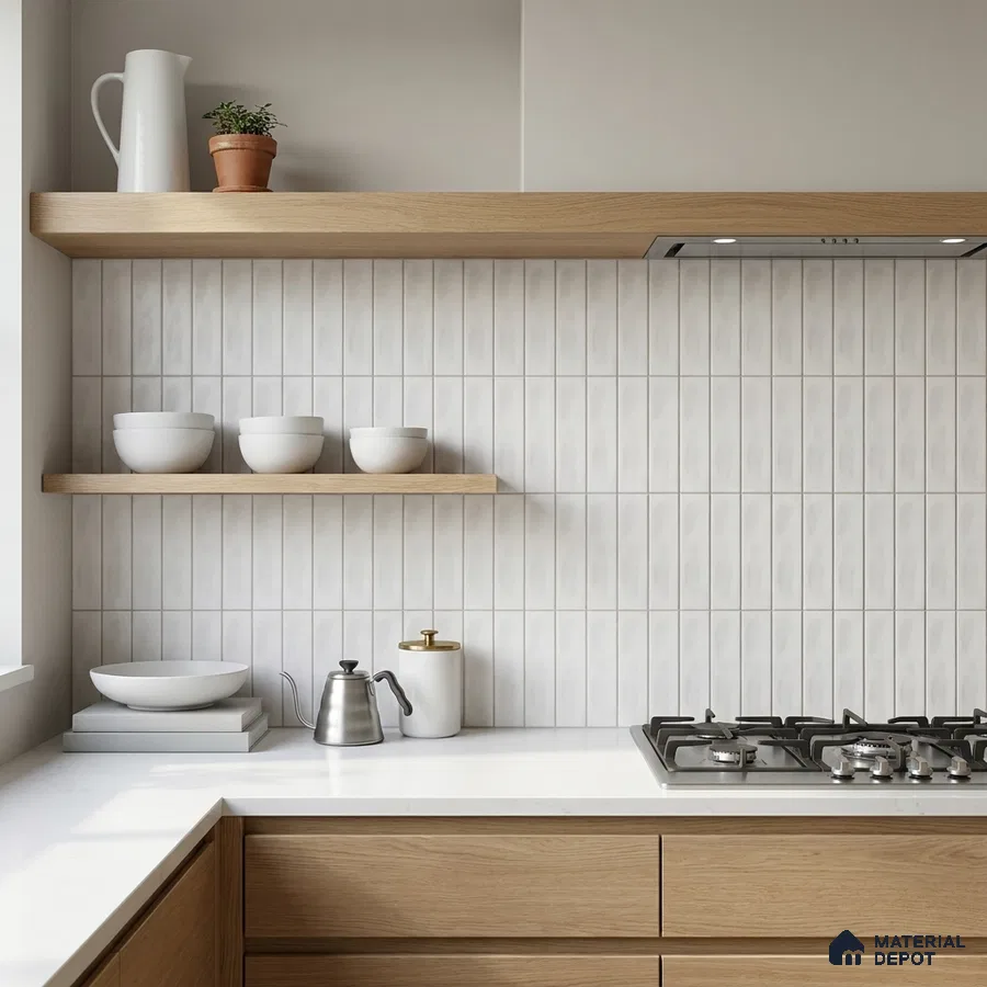 Modern Kitchen with White Matte Vertical Subway Backsplash Tile and Oak Cabinets