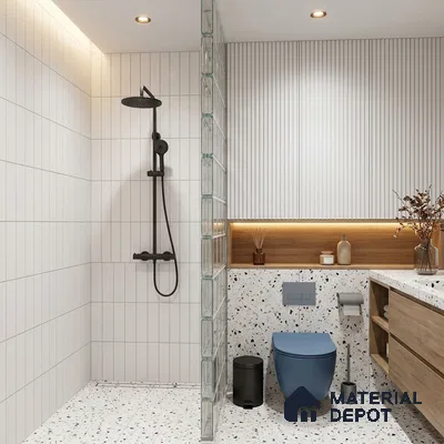 Modern Bathroom with White Matte Vertical Subway Shower Tile and Terrazzo Floor