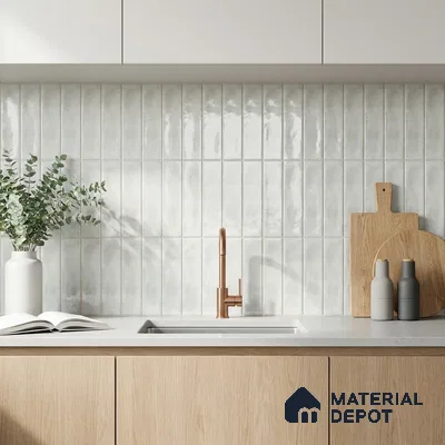 Modern Kitchen with Glossy White Vertical Subway Backsplash Tile and Oak Cabinets