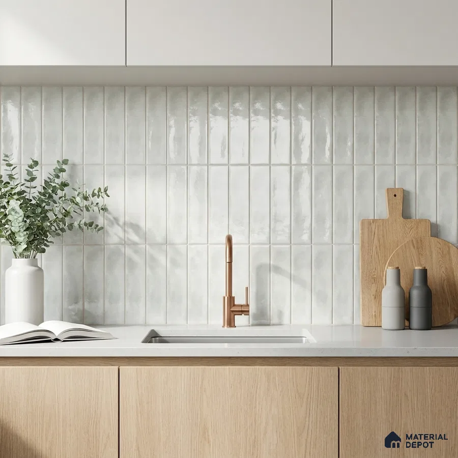 Modern Kitchen with Glossy White Vertical Subway Backsplash Tile and Oak Cabinets