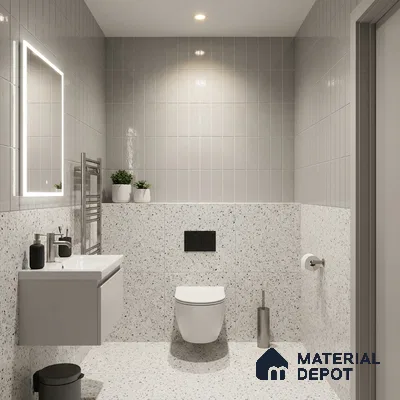 Modern Bathroom with Glossy Light Grey Vertical Subway Tile and Terrazzo Wall
