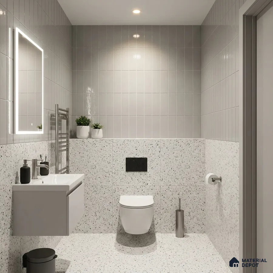 Modern Bathroom with Glossy Light Grey Vertical Subway Tile and Terrazzo Wall