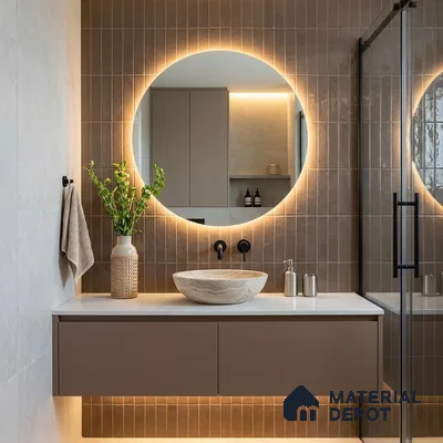 Modern Bathroom with Glossy Tawny Brown Vertical Subway Accent Tile and Stone Vessel Basin