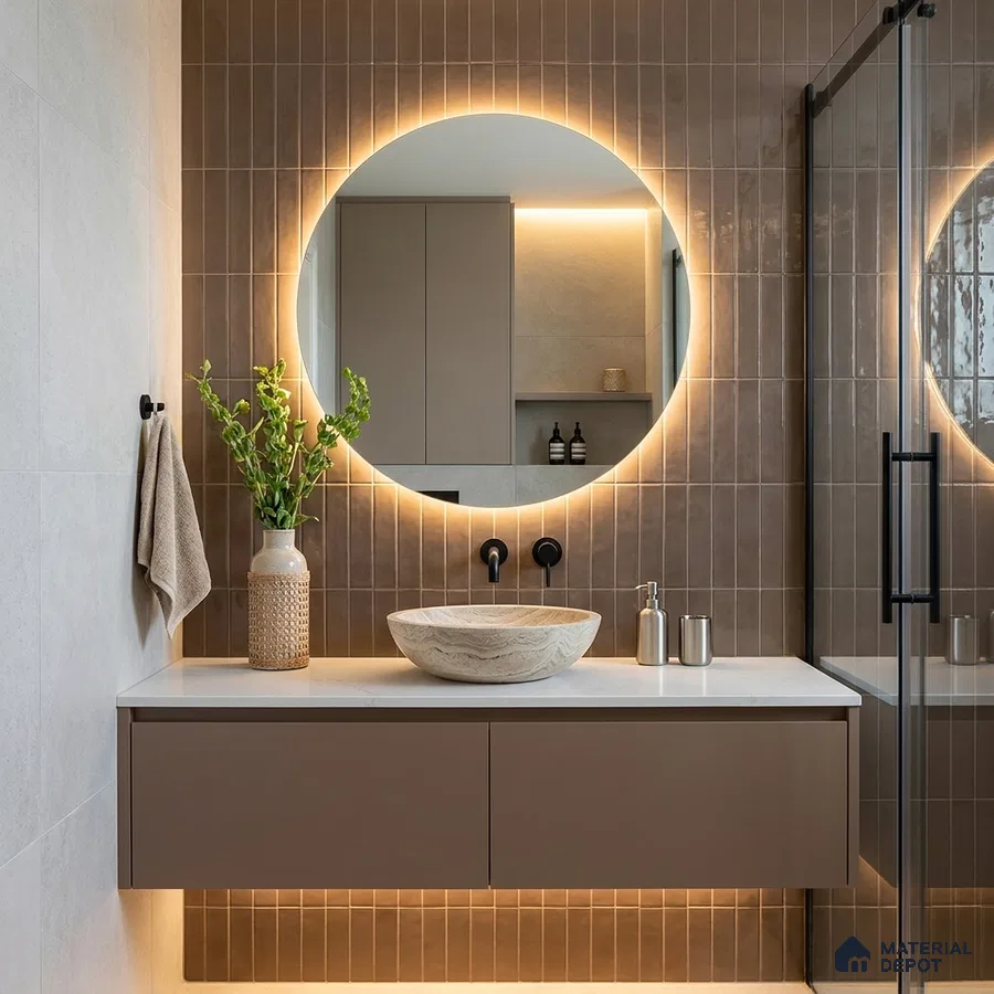 Modern Bathroom with Glossy Tawny Brown Vertical Subway Accent Tile and Stone Vessel Basin