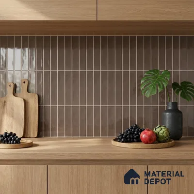 Modern Kitchen with Glossy Tawny Brown Vertical Subway Backsplash Tile and Oak Cabinets