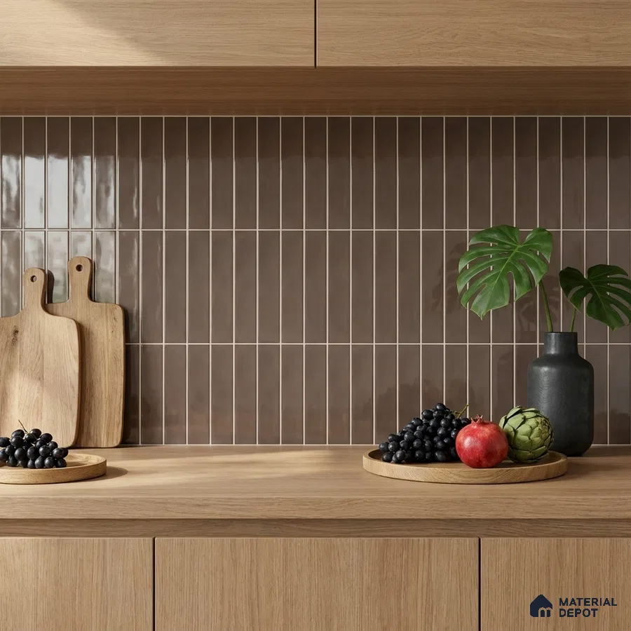 Modern Kitchen with Glossy Tawny Brown Vertical Subway Backsplash Tile and Oak Cabinets