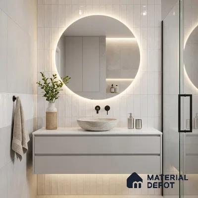 Modern Bathroom with Glossy Cream White Vertical Subway Accent Tile and Stone Vessel Basin