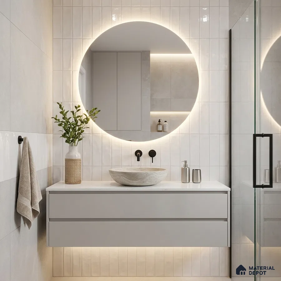 Modern Bathroom with Glossy Cream White Vertical Subway Accent Tile and Stone Vessel Basin