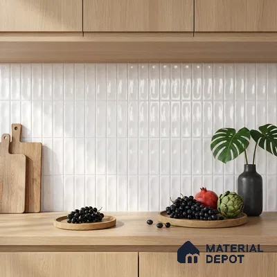 Modern Kitchen with Glossy Cream White Vertical Subway Backsplash Tile and Oak Cabinets